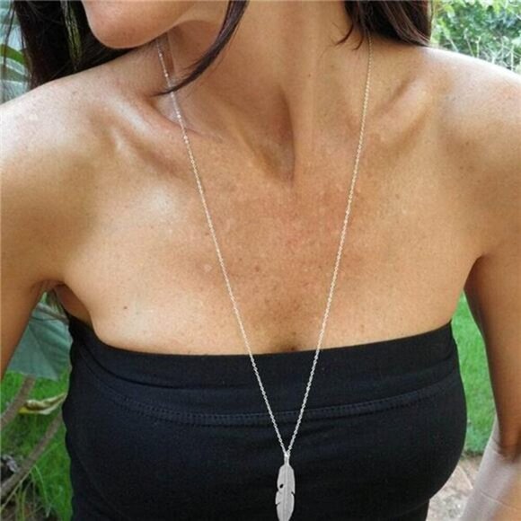 4 Long Necklaces for Women  Fashion Pendant Necklace Jewelry, Silver Bar Feather - Picture 6 of 8